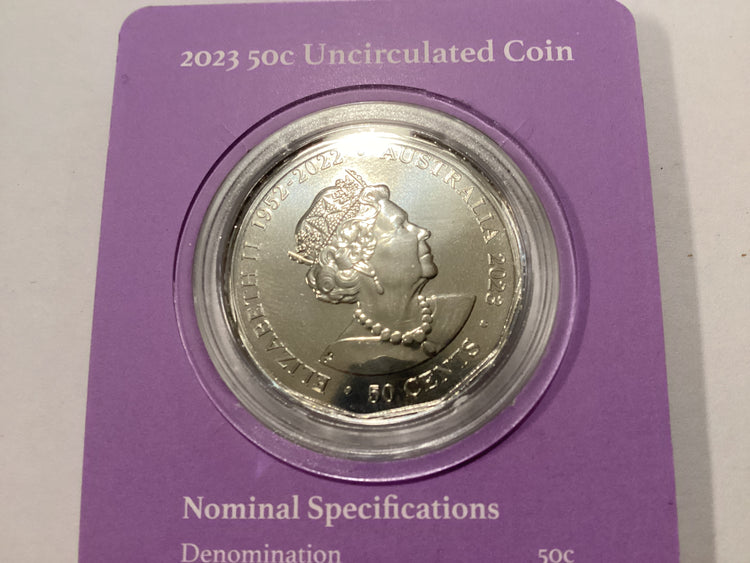 2023 50c Carded Coin. Elizabeth Regina. Platinum Jubilee. 1952-2022