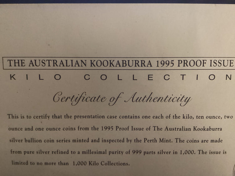 1995 Australian Kookaburra Proof Issue Kilo Collection. 1kg, 10oz, 2oz, 1oz.