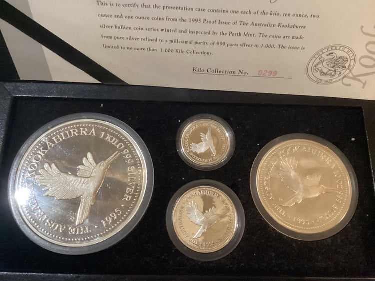 1995 Australian Kookaburra Proof Issue Kilo Collection. 1kg, 10oz, 2oz, 1oz.