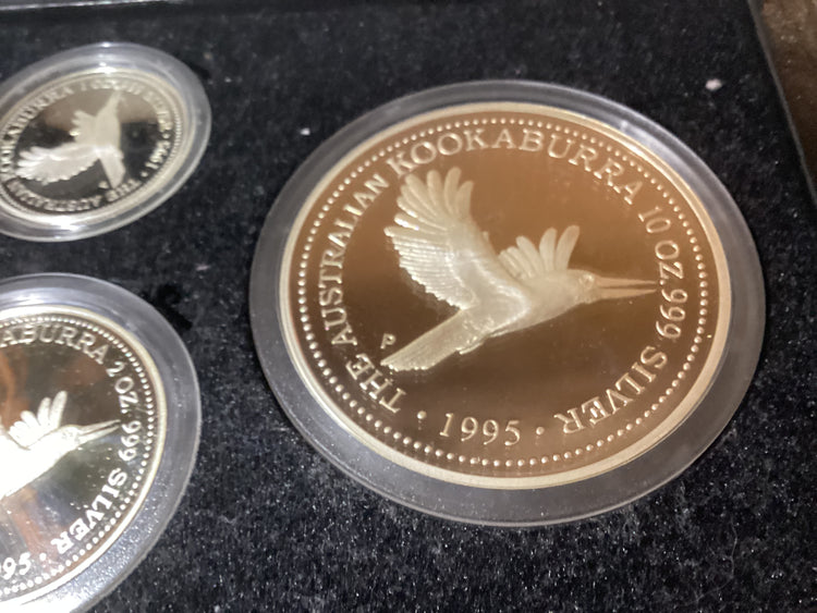 1995 Australian Kookaburra Proof Issue Kilo Collection. 1kg, 10oz, 2oz, 1oz.