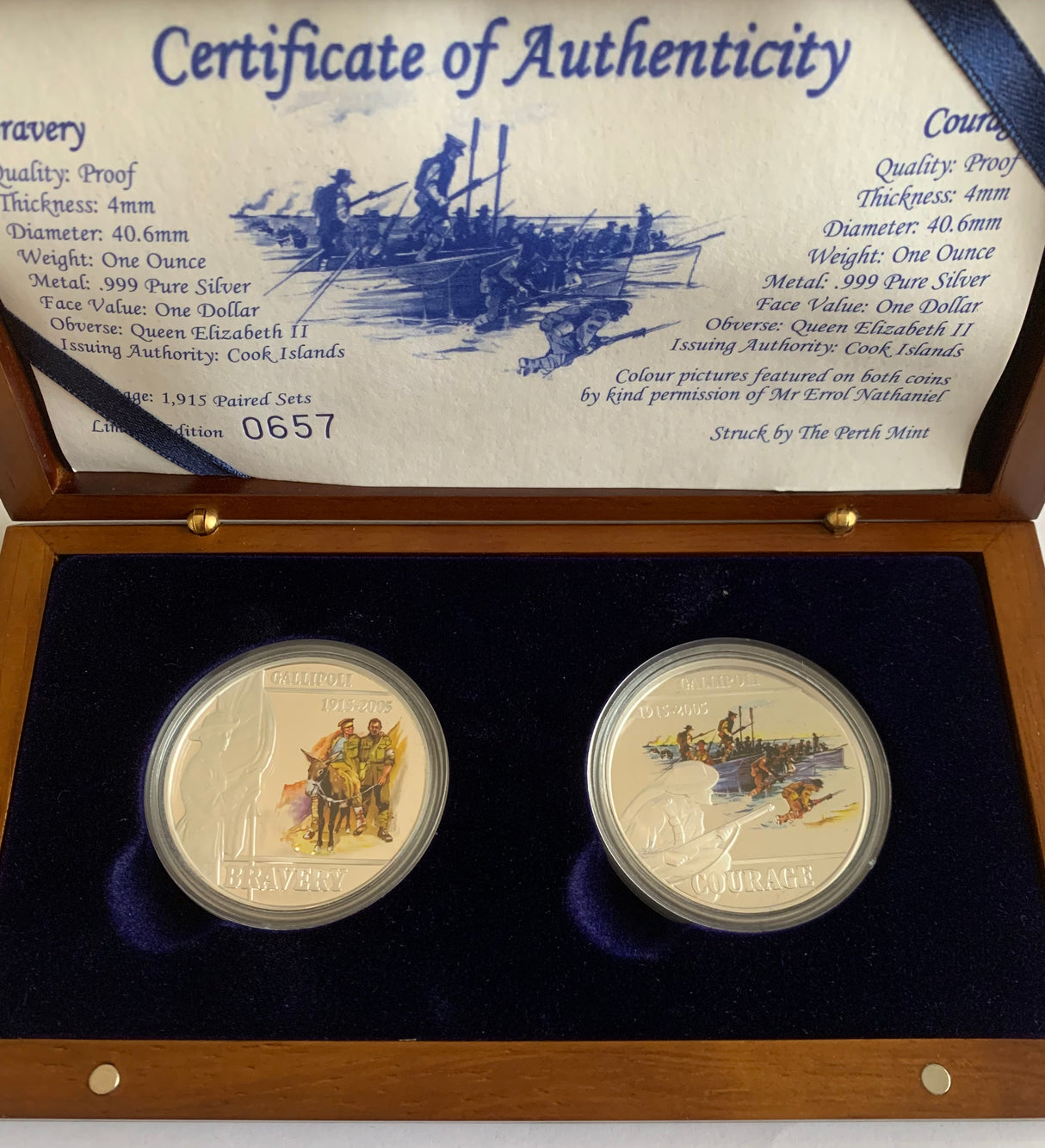 2005 Gallipoli 90th Anniversary 2 x 1 Ounce Coloured Silver Proof Coin Set