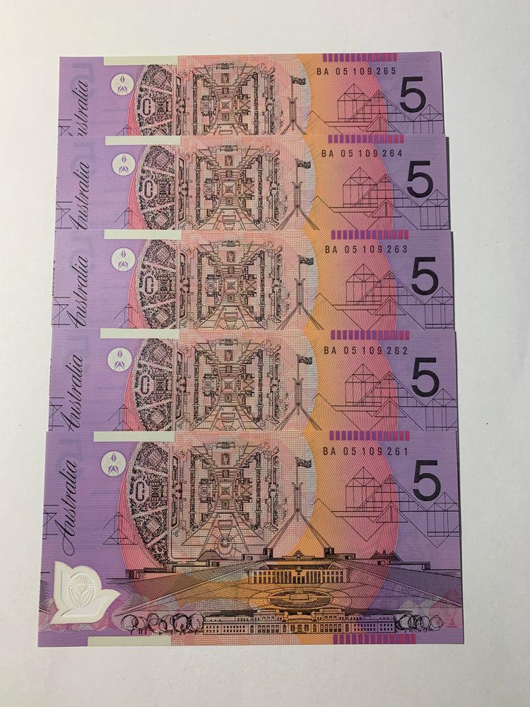 2005 $5 First Prefix Banknote. Uncirculated. Run of 5. R220cF.