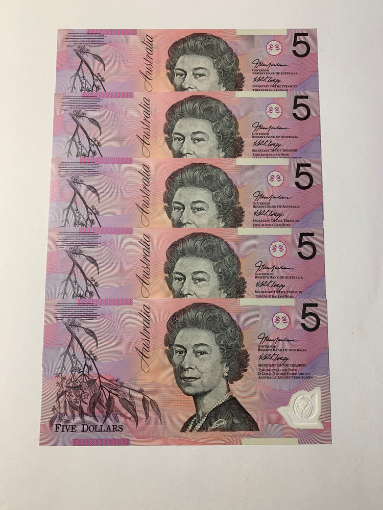 2005 $5 First Prefix Banknote. Uncirculated. Run of 5. R220cF.