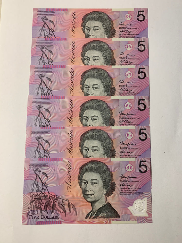 2005 $5 Last Prefix Banknote. Uncirculated. Run of 6. R220cL.