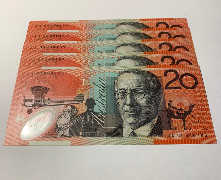 2005 $20 First Prefix Banknote. Uncirculated. Run of 5. R420cF