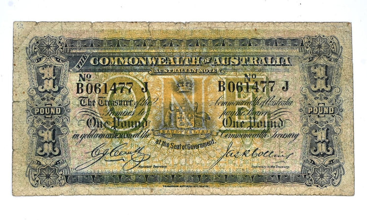 Commonwealth of Australia one pound banknote, serial number B061477 J, signed by Cerutty and Collins