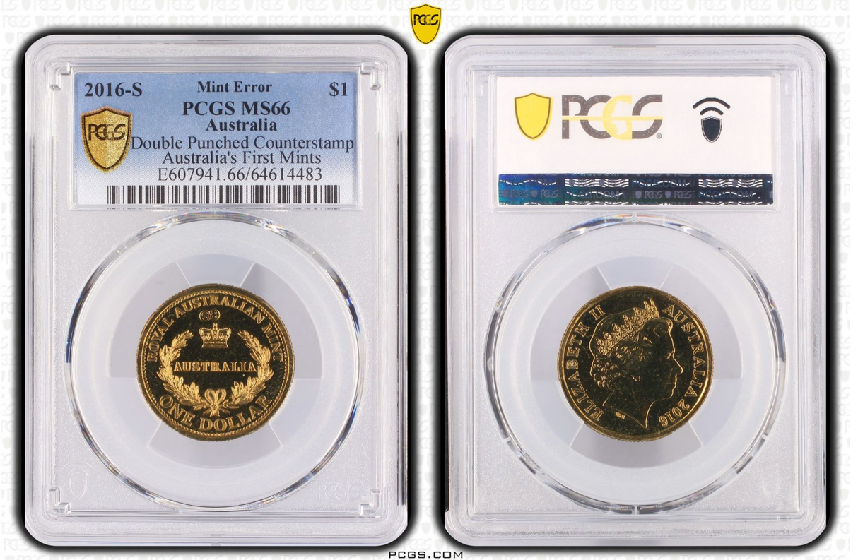 2016 $1 ‘S’ Counterstamp ‘Australia’s First Mints’ Double Counterstamp Error. PCGS MS66.