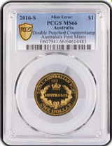 2016 $1 ‘S’ Counterstamp ‘Australia’s First Mints’ Double Counterstamp Error. PCGS MS66.
