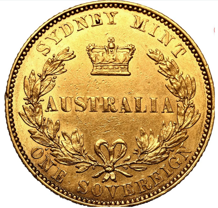 Reverse of a Sydney Mint gold sovereign reading Sydney Mint, Australia, One Sovereign