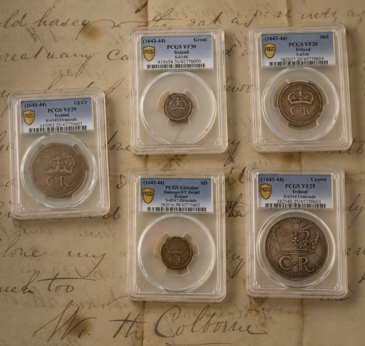 Five Irish Ormonde money silver coins of 1643–44 in PCGS holders: crown, half crown, shilling, sixpence and groat