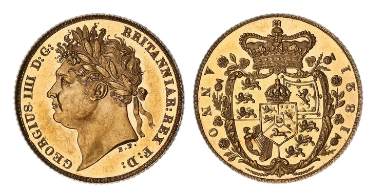 Obverse and reverse of an 1821 George IV gold coin