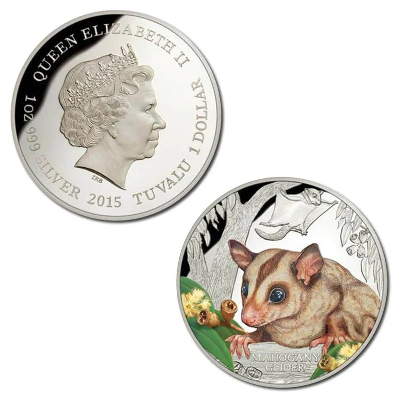 2015 Endangered Species Mahogany Glider 1oz Silver Coloured Proof