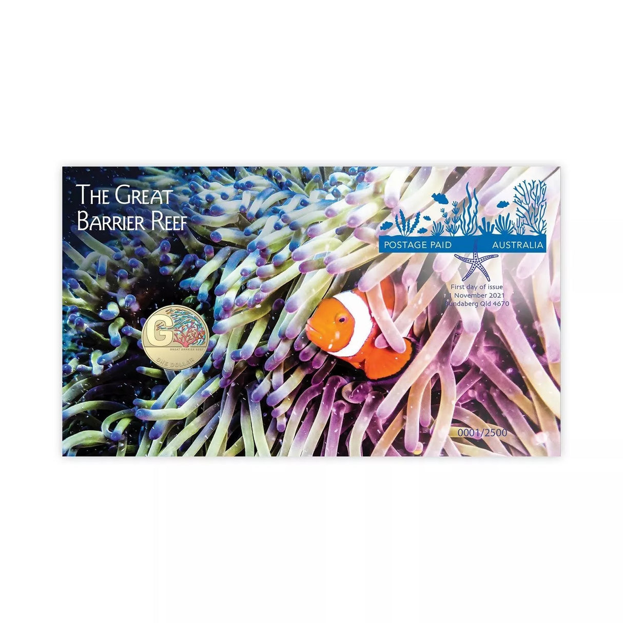 2021 The Great Barrier Reef $1 Coloured PNC – First Day of Issue