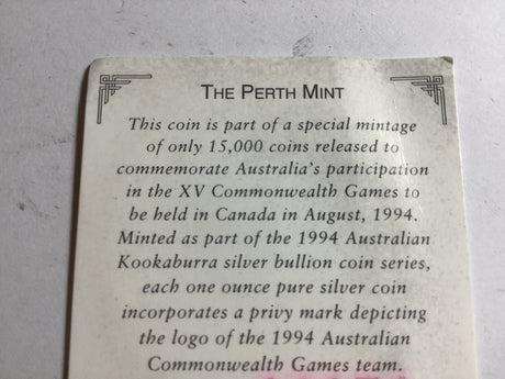 1994 Kookaburra 1 Ounce Silver Coin. Commonwealth Games Privy Mark.
