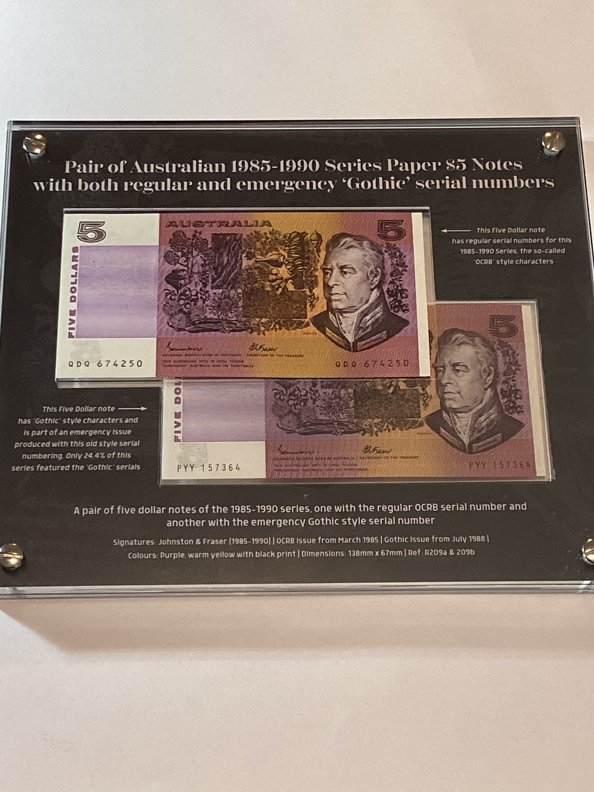 Bradford Exchange Pair of Australian 1985-1990 Series Paper $5 Notes. Regular and Gothic