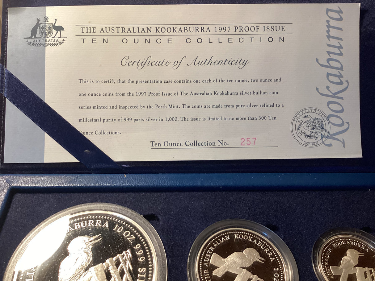 1997 Kookaburra Proof Issue Silver Three-Coin Set. 10 Ounce, 2 Ounce and 1 Ounce.