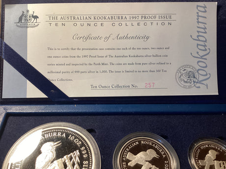 1997 Kookaburra Proof Issue Silver Three-Coin Set. 10 Ounce, 2 Ounce and 1 Ounce.