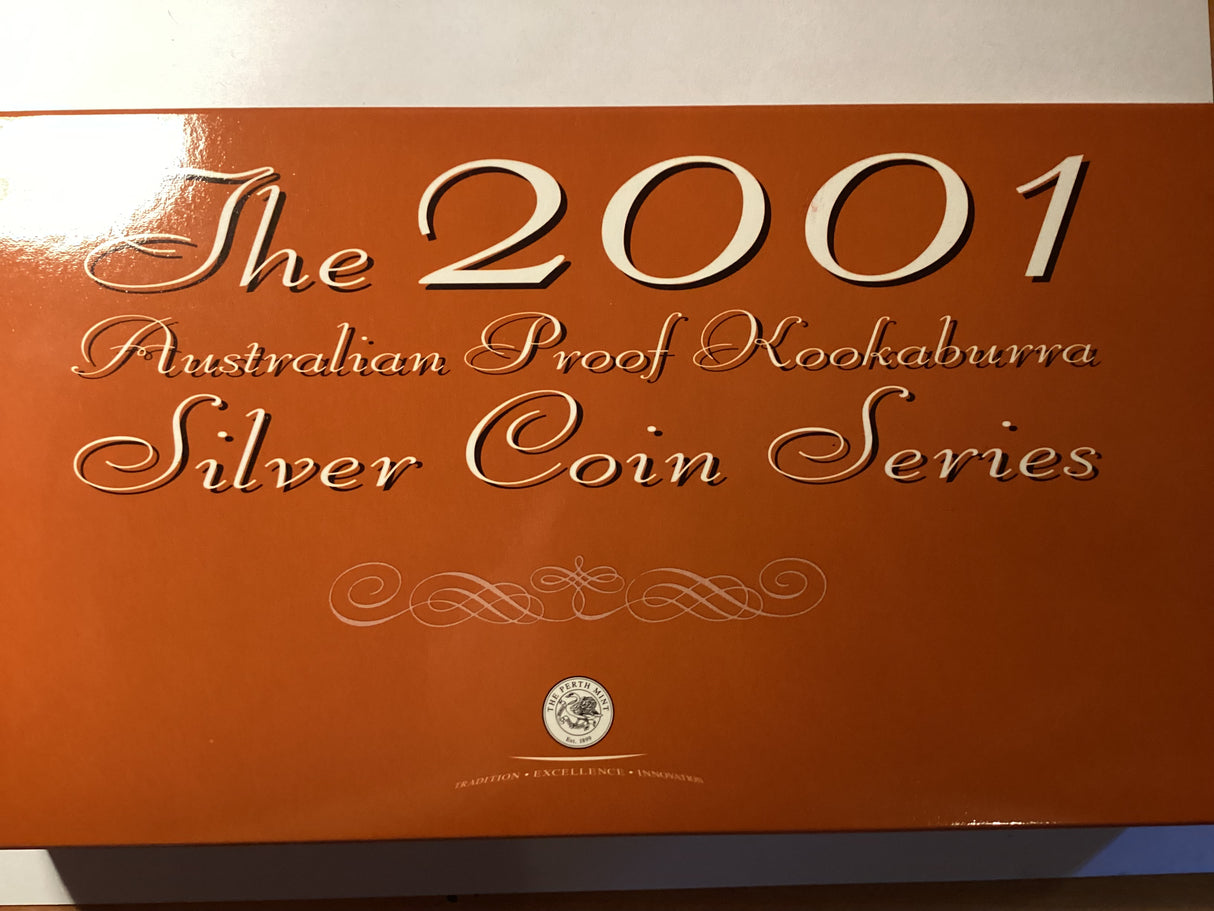 2001 Kookaburra Proof Issue Three-Coin Set. 10 Ounce, 2 Ounce and 1 Ounce.