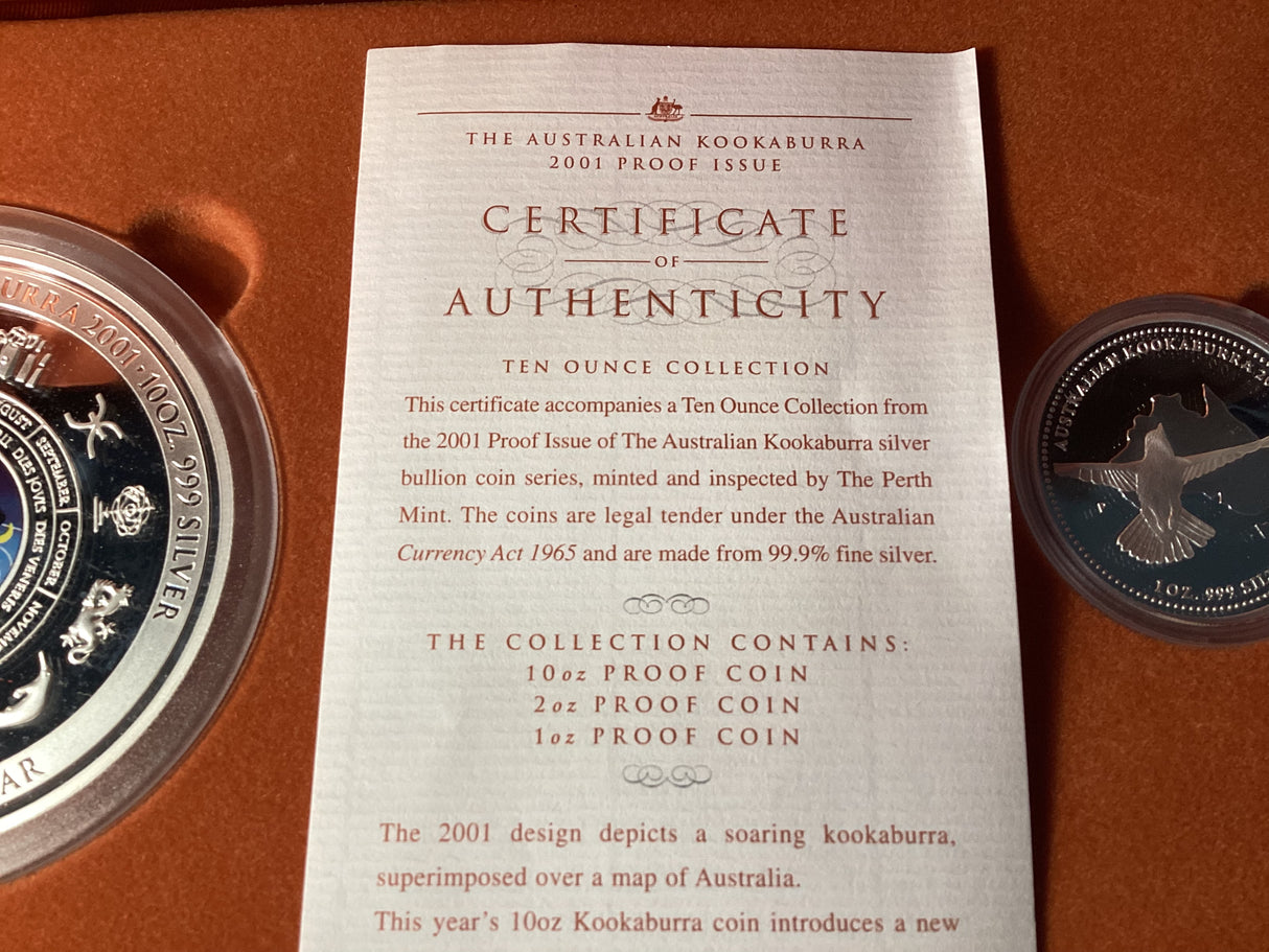 2001 Kookaburra Proof Issue Three-Coin Set. 10 Ounce, 2 Ounce and 1 Ounce.