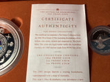2001 Kookaburra Proof Issue Three-Coin Set. 10 Ounce, 2 Ounce and 1 Ounce.