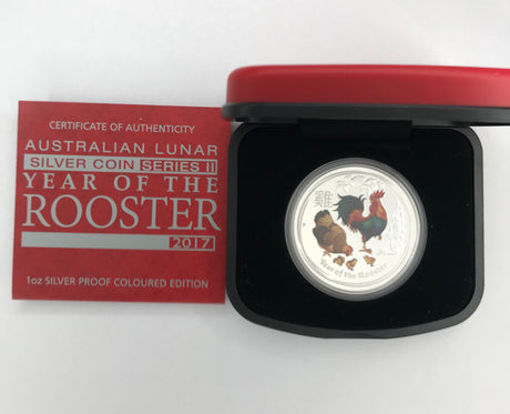 2017 $1 1oz Silver Proof Coloured Edition Coin. Year of the Rooster.
