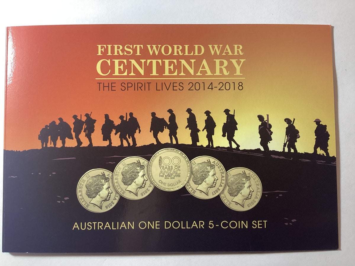 2014-2018 $1 First World War Centenary 5 Coin Set.