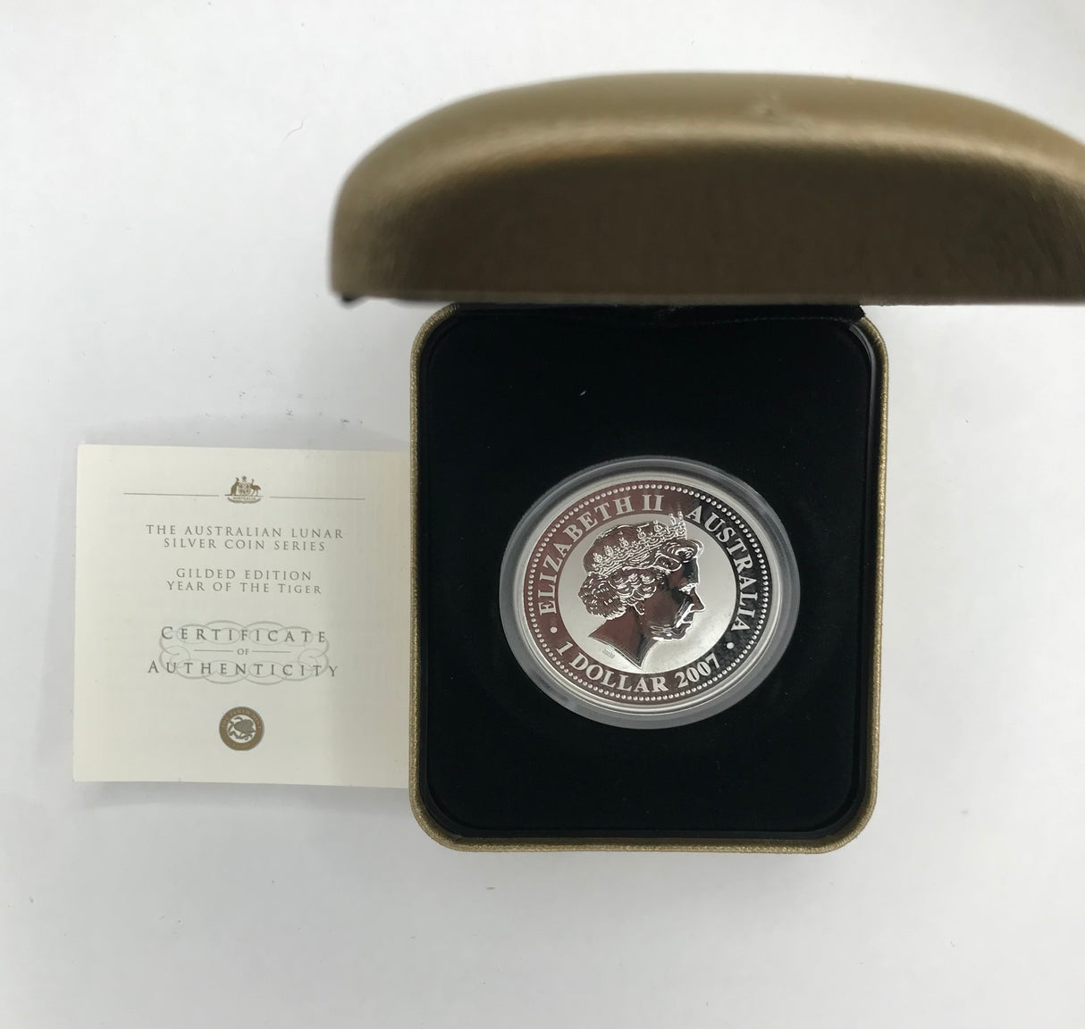 2007 $1 Year of the Tiger Silver Proof Coin. Gilded Coin.