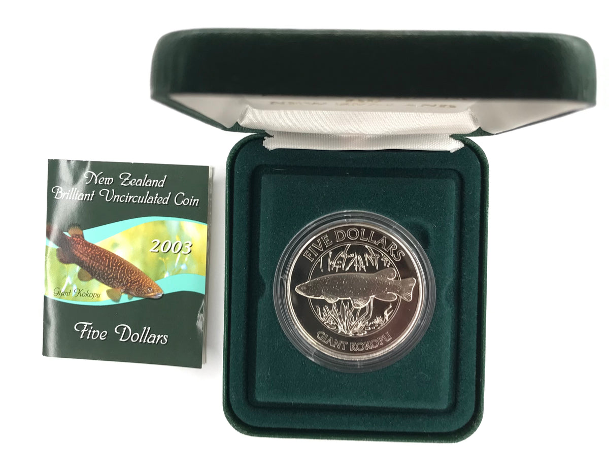 2003 $5  New Zealand. Giant Kokopu Brilliant Uncirculated Coin.