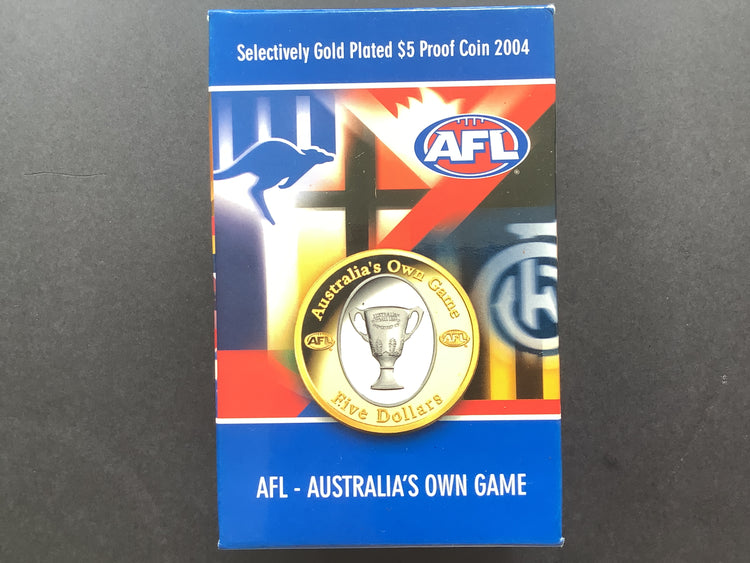 2004 $5 Selectively Gold Plated Proof.  AFL Australia’s Own Game.