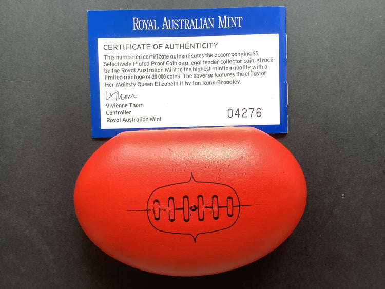 2004 $5 Selectively Gold Plated Proof.  AFL Australia’s Own Game.