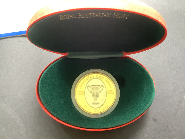 2004 $5 Selectively Gold Plated Proof.  AFL Australia’s Own Game.