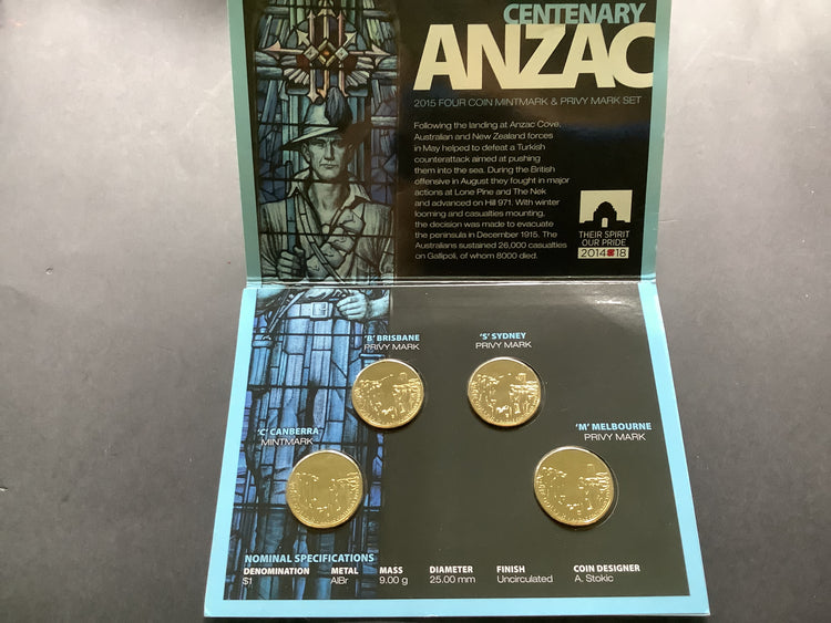 2015 Four Coin Mintmark & Privy Set. Centenary ANZAC.