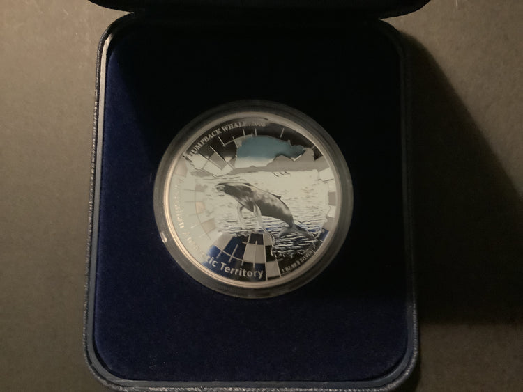 2008 $1 Australian Antarctic Territory 1oz Silver Coin. Humpback Whale.