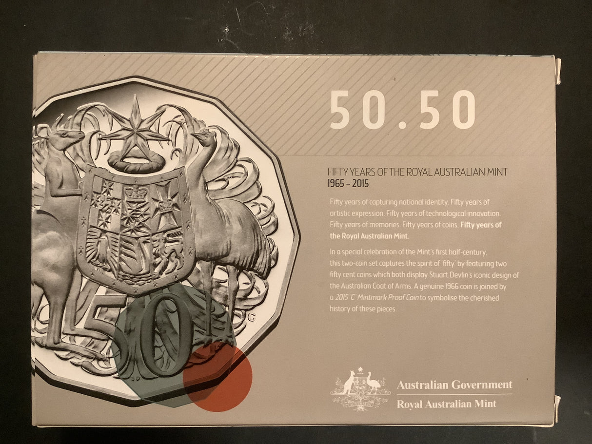 2015 50c Fifty Years of the Royal Australian Mint two-coin silver set.
