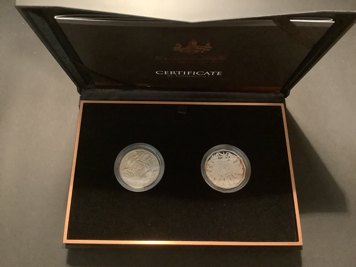 2015 50c Fifty Years of the Royal Australian Mint two-coin silver set.