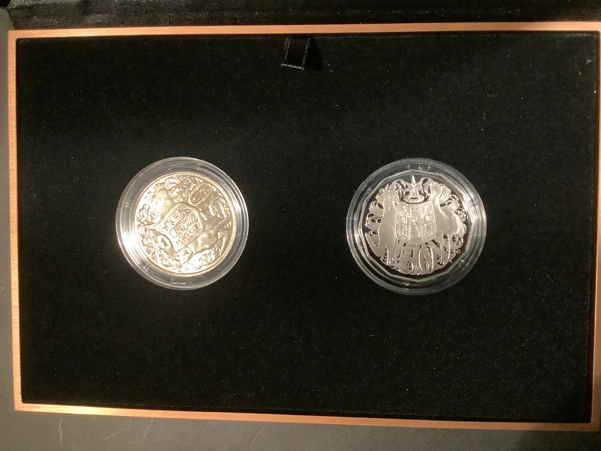 2015 50c Fifty Years of the Royal Australian Mint two-coin silver set.