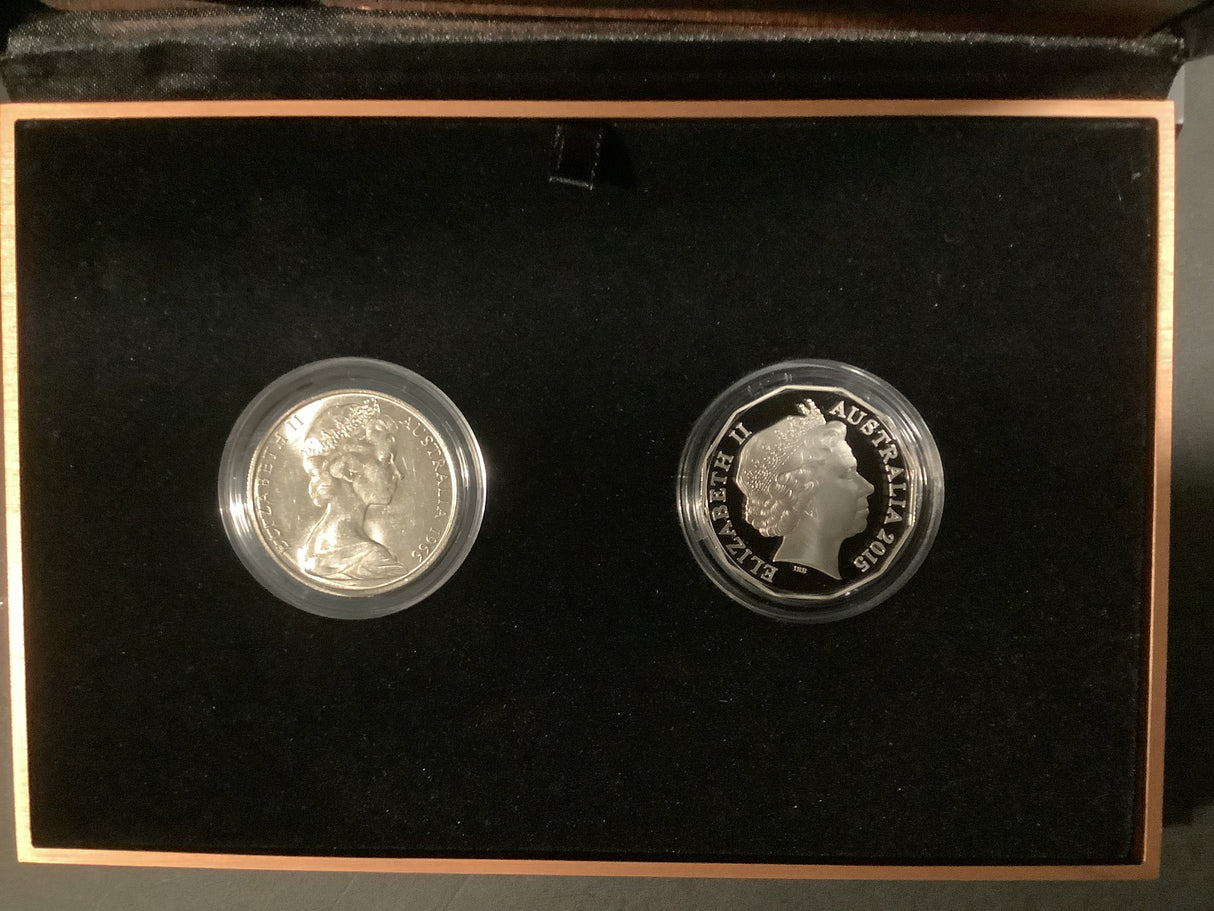 2015 50c Fifty Years of the Royal Australian Mint two-coin silver set.