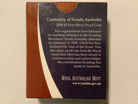 2008 Centenary of Scouts Australia $5 Fine Silver Proof Coin.