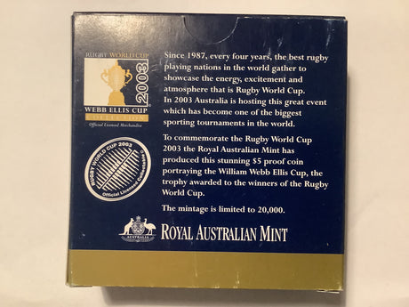 2003 Rugby World Cup Selectively Gold Plated $5 Silver Proof Coin.