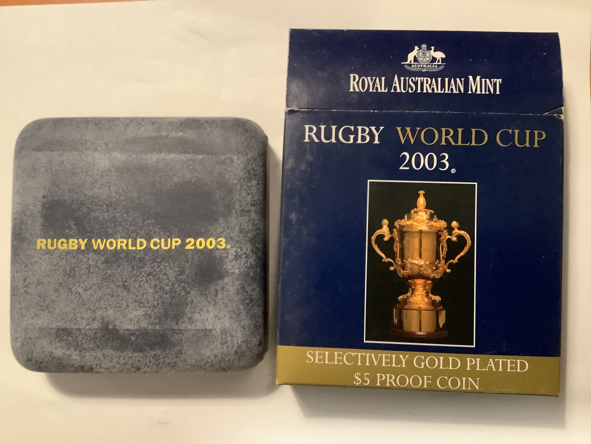 2003 Rugby World Cup Selectively Gold Plated $5 Silver Proof Coin.