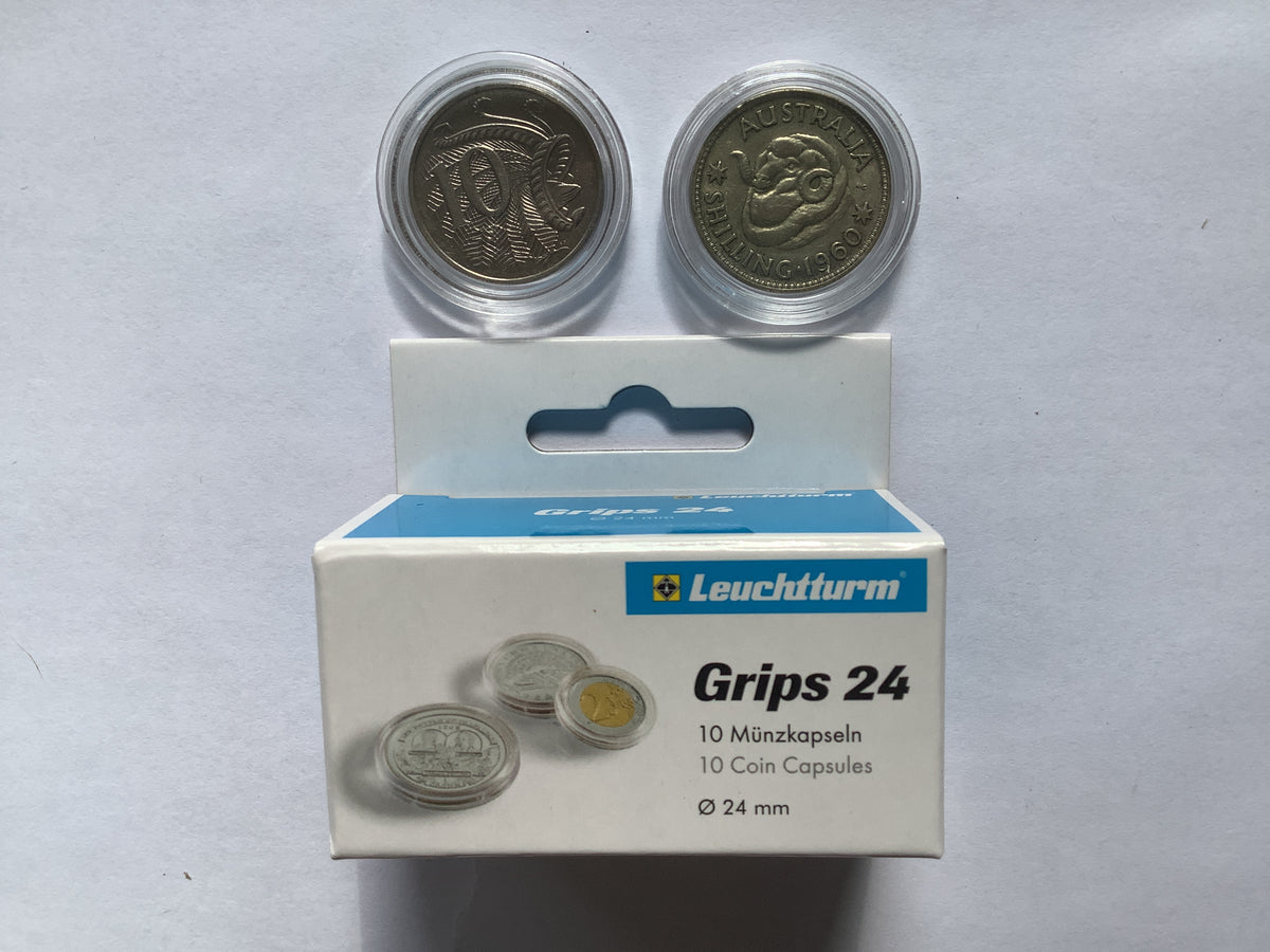 Lighthouse 24mm Coin Capsules. 10 Pack. Suits 10 Cent and Shilling Australian Coins.