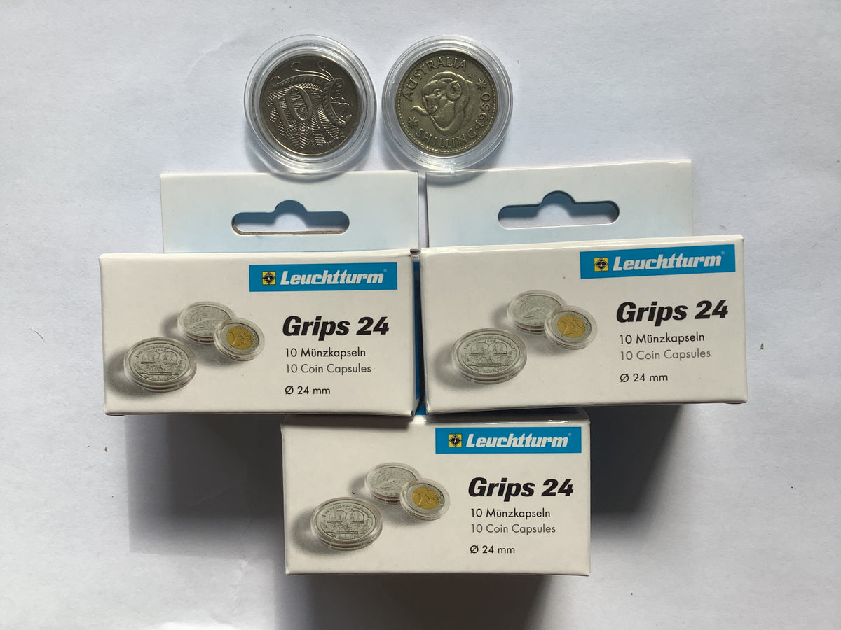 Lighthouse 24mm Coin Capsules. 30 Pack. Suits 10 Cent and Shilling Australian Coins.