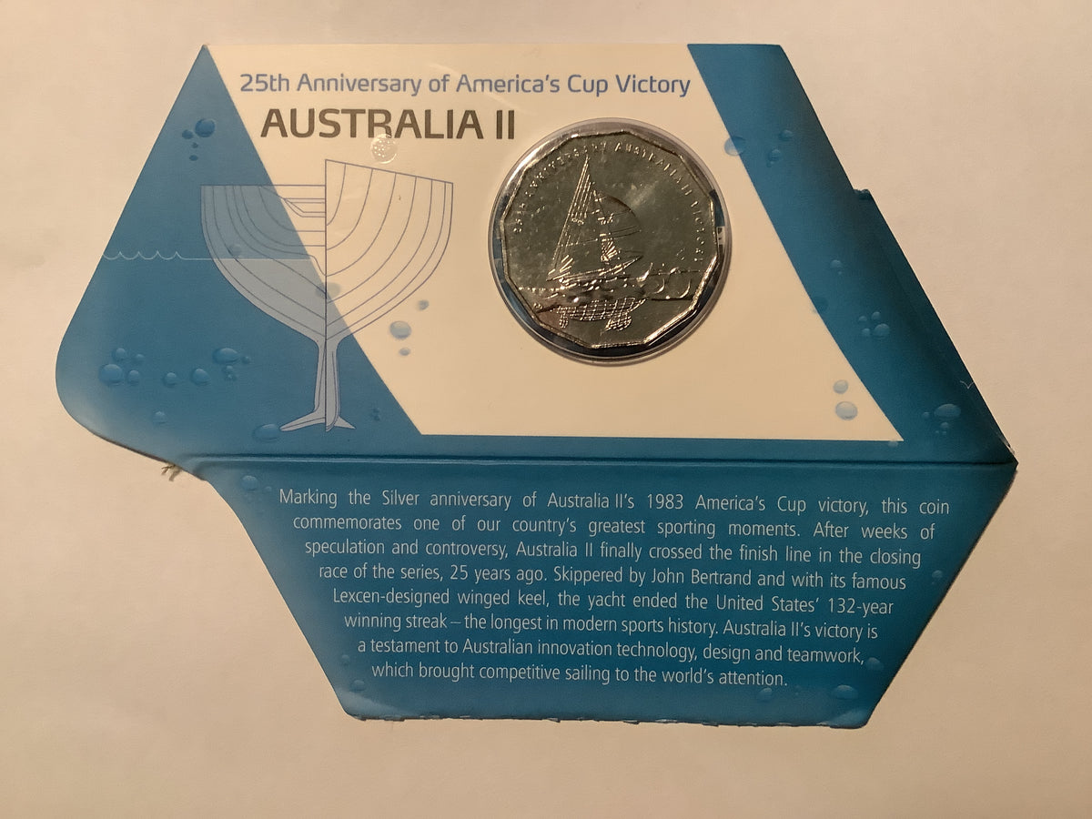 2008 25th Anniversary of America’s Cup Victoria 50c carded coin. Australia II