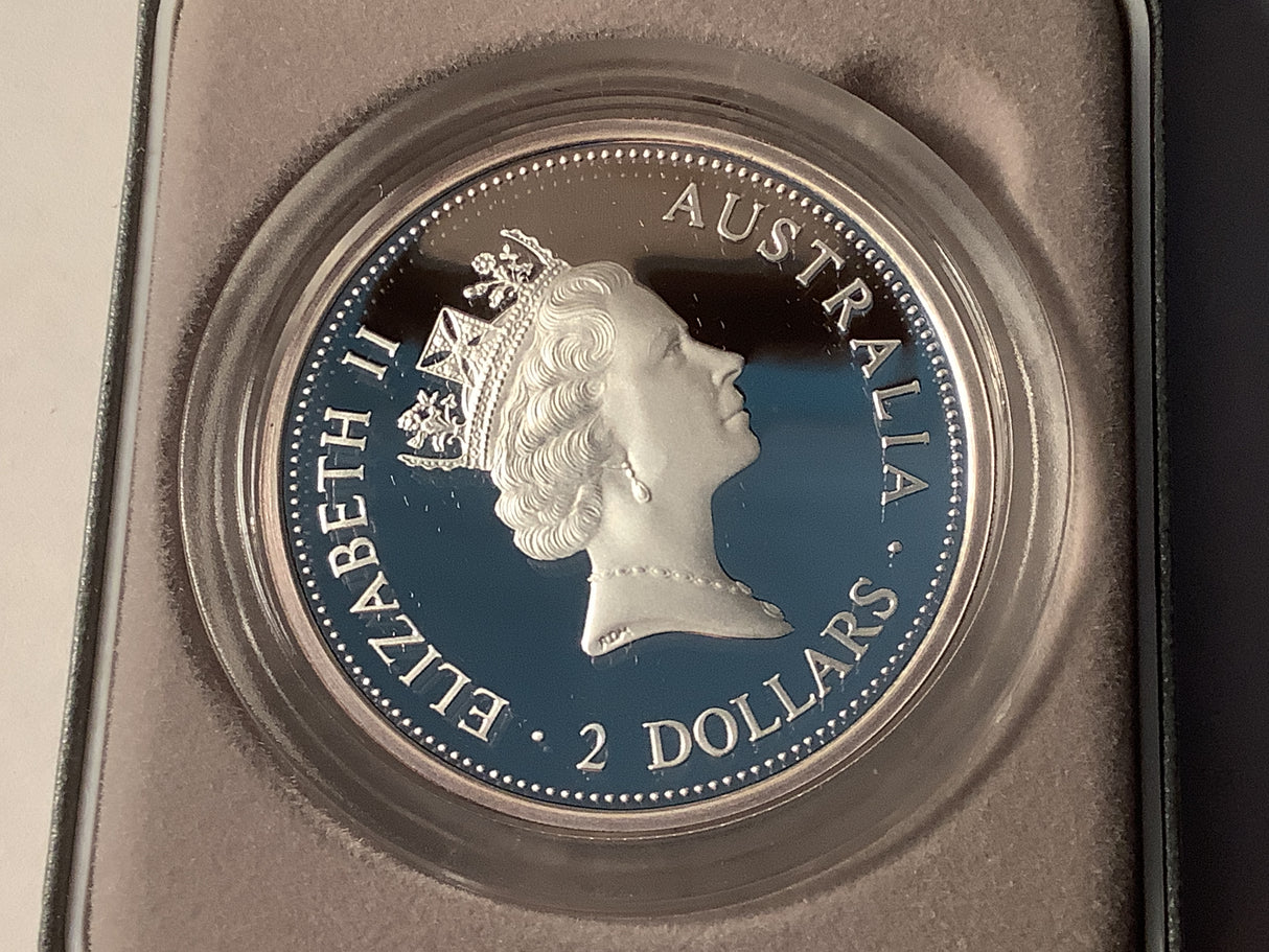 1998 $2 Silver Proof Kookaburra with Gold Jubilee Sovereign Privy Mark.