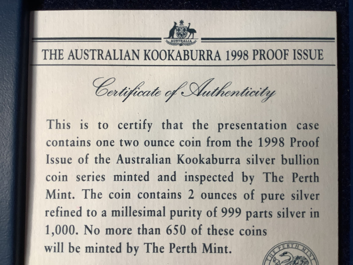 1998 $2 - 2 Ounce Silver Proof Kookaburra.