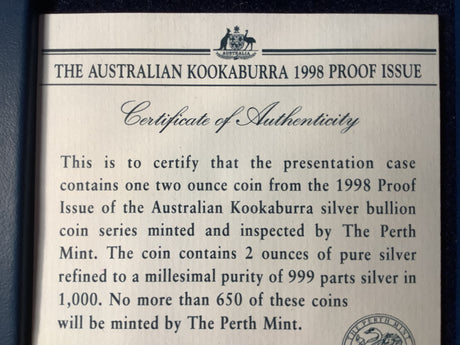 1998 $2 - 2 Ounce Silver Proof Kookaburra.