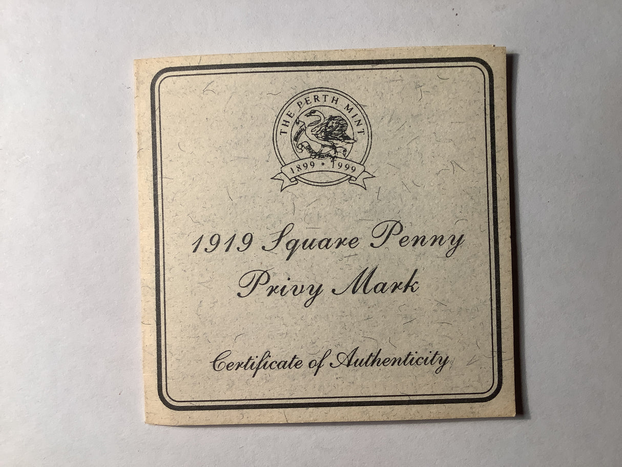 1999 $1 Silver Proof Kookaburra with 1919 Square Penny Privy.