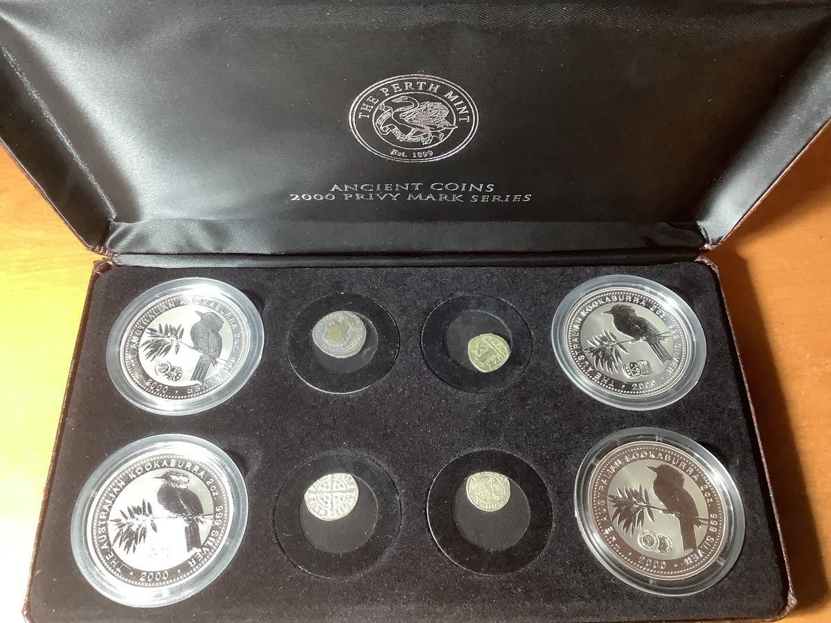 2000 Ancient Coins Privy Mark Series Set. 4 x 2 ounces coins, plus 4 historic coins.