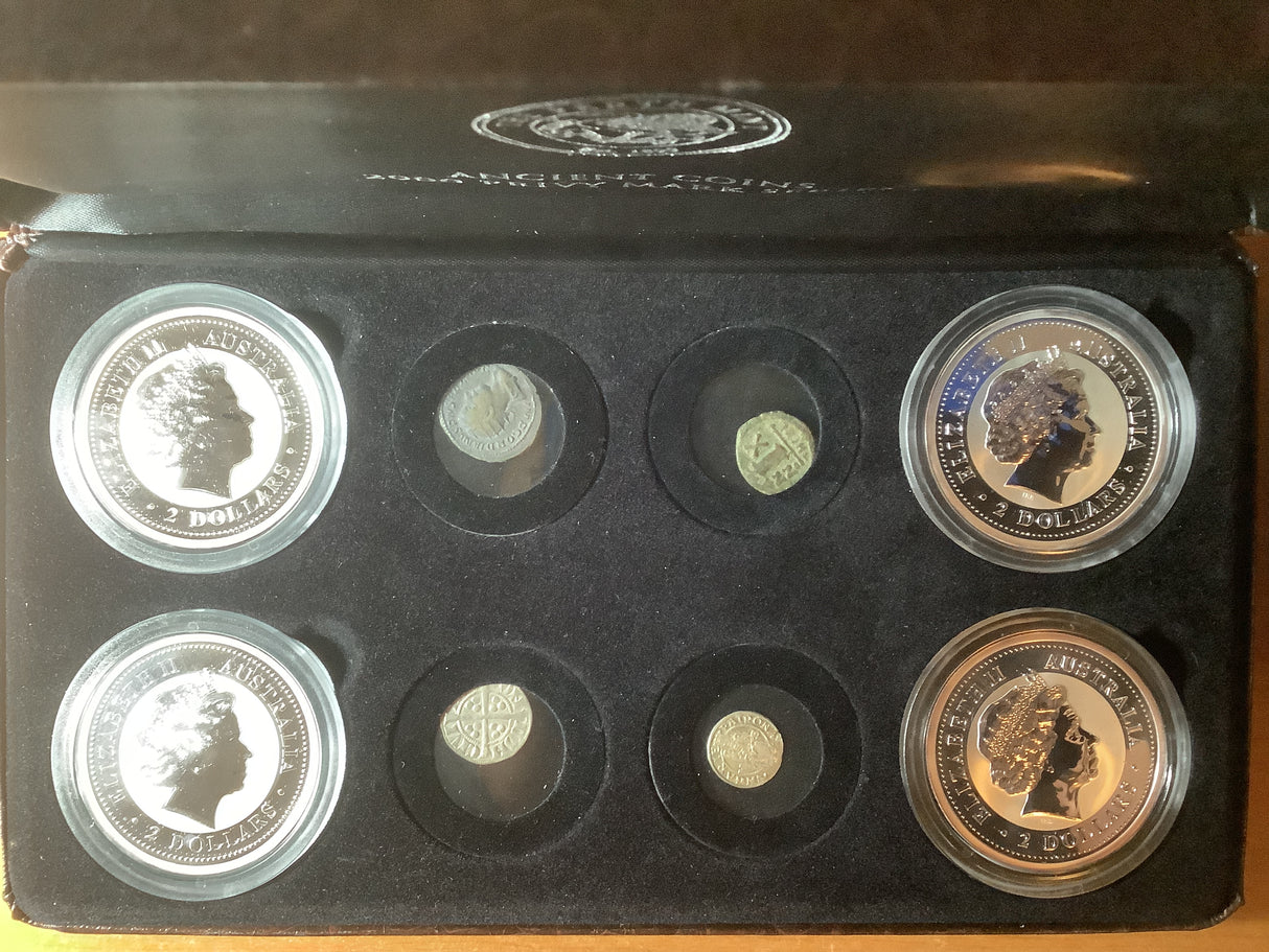 2000 Ancient Coins Privy Mark Series Set. 4 x 2 ounces coins, plus 4 historic coins.