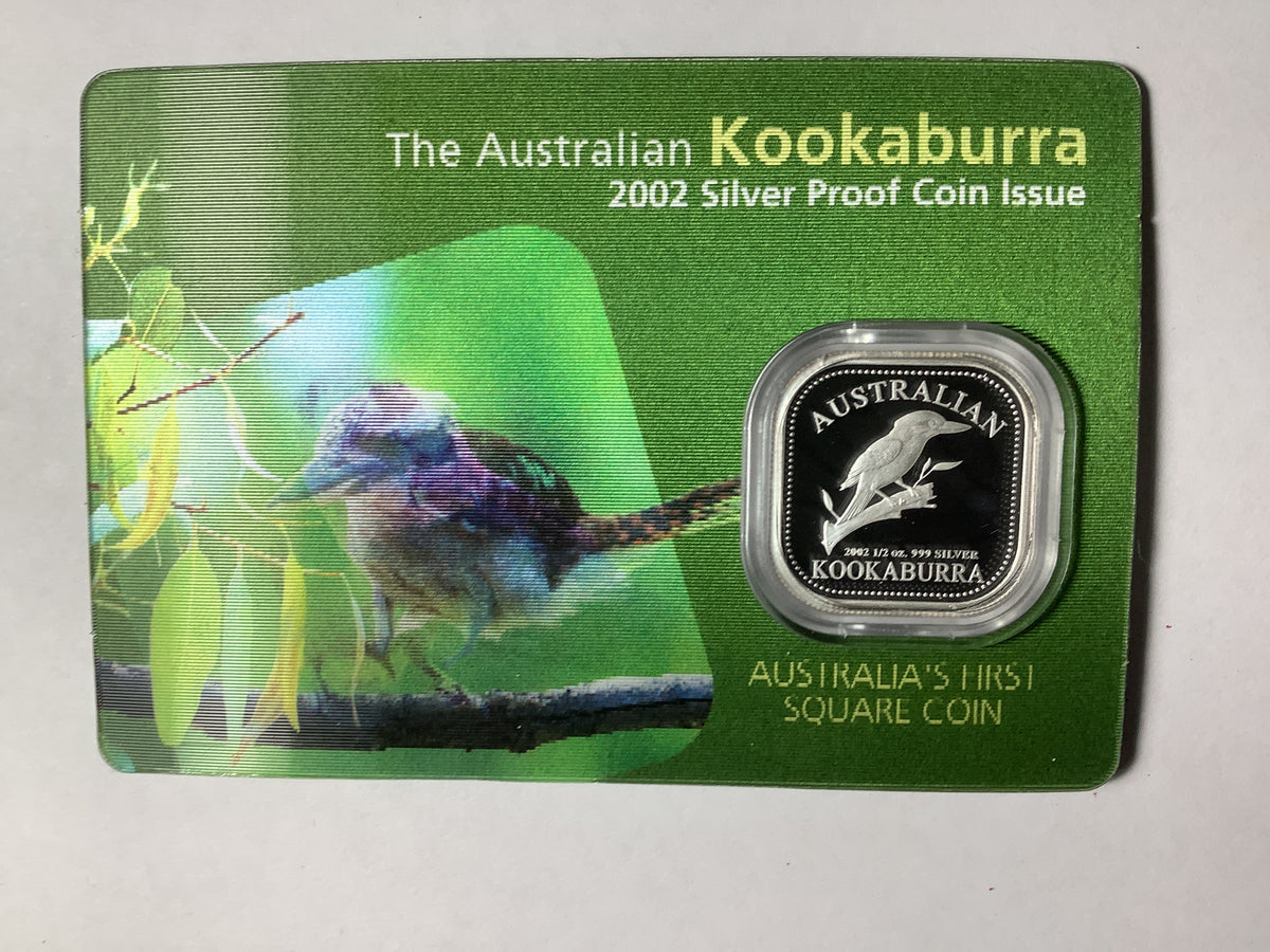 2002 50c The Australian Kookaburra 1/2 ounce Silver Proof Square Coin.